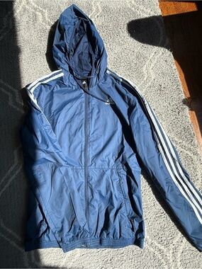 adidas Blue Hooded Windbreaker with White 3-Stripes
